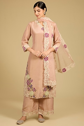Dusty Rose Pink Shimmer Thread Work Kurta Set by Baidehi