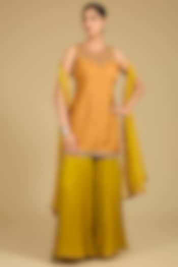 Mustard Dola Silk Zardosi Work & Printed Kurta Set by Baidehi at Pernia's Pop Up Shop