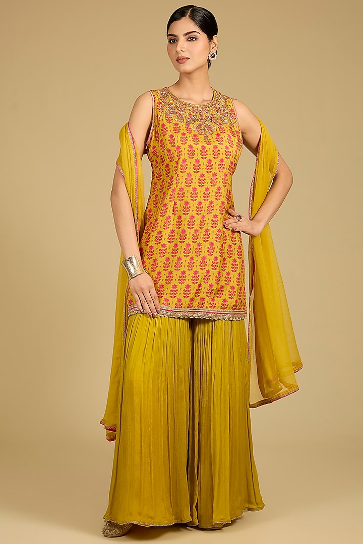 Mustard Dola Silk Zardosi Work & Printed Kurta Set by Baidehi at Pernia's Pop Up Shop