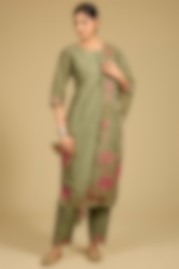 Sage Green Cotton Chanderi Applique Work Kurta Set by Baidehi at Pernia's Pop Up Shop