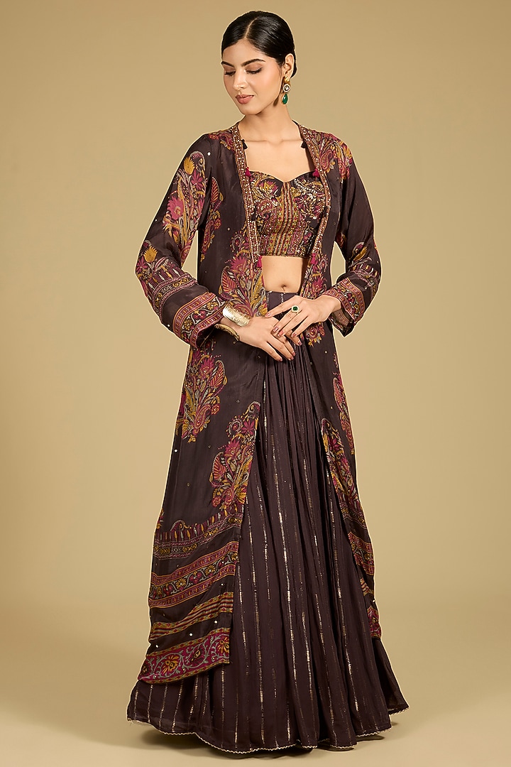Brown Chinon Georgette Printed Jacket Set by Baidehi at Pernia's Pop Up Shop