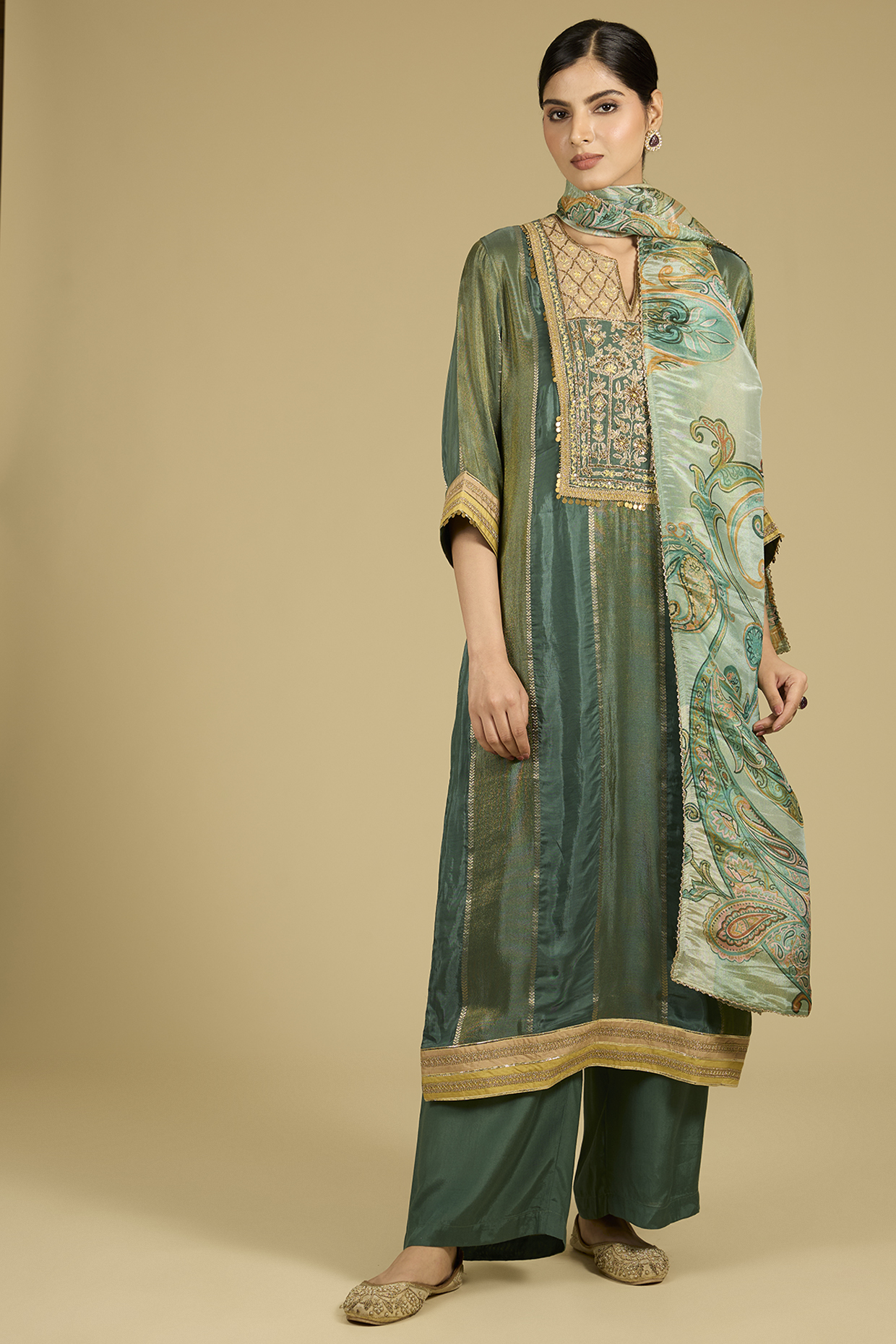 Sage Green Shimmer Tissue Sequins Work Kurta Set by Baidehi at Pernia's Pop Up Shop