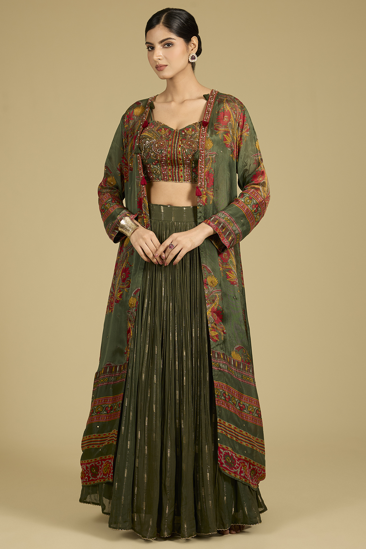 Sage Green Chinon Georgette Printed Jacket Set by Baidehi at Pernia's Pop Up Shop