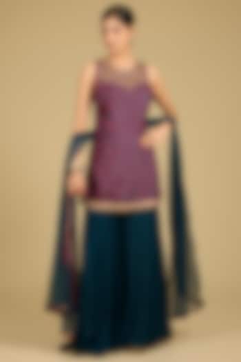 Cobalt Blue Dola Silk Zardosi Work & Printed Kurta Set by Baidehi at Pernia's Pop Up Shop