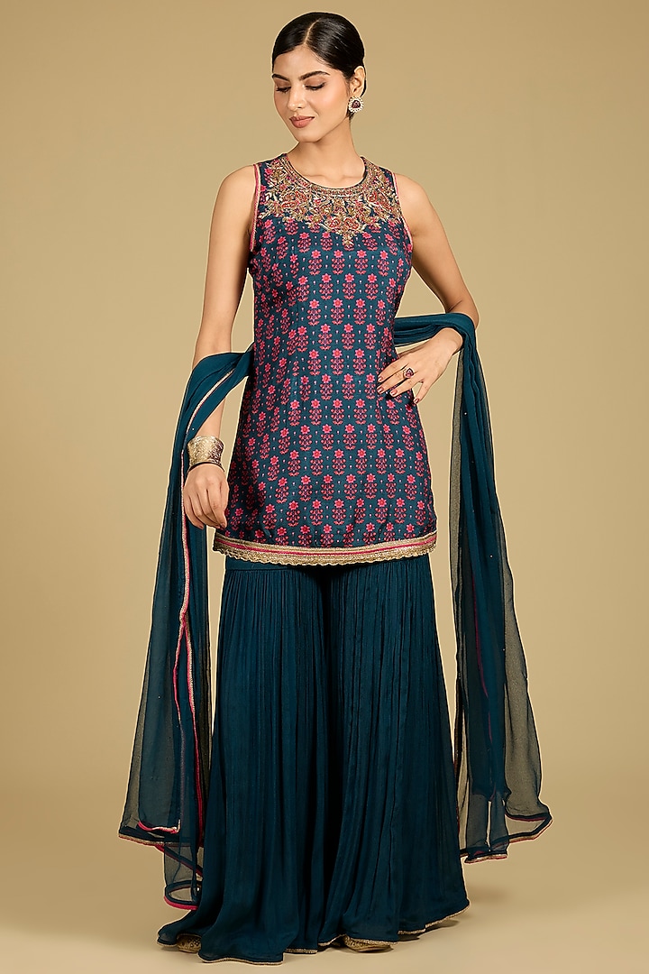 Cobalt Blue Dola Silk Zardosi Work & Printed Kurta Set by Baidehi at Pernia's Pop Up Shop