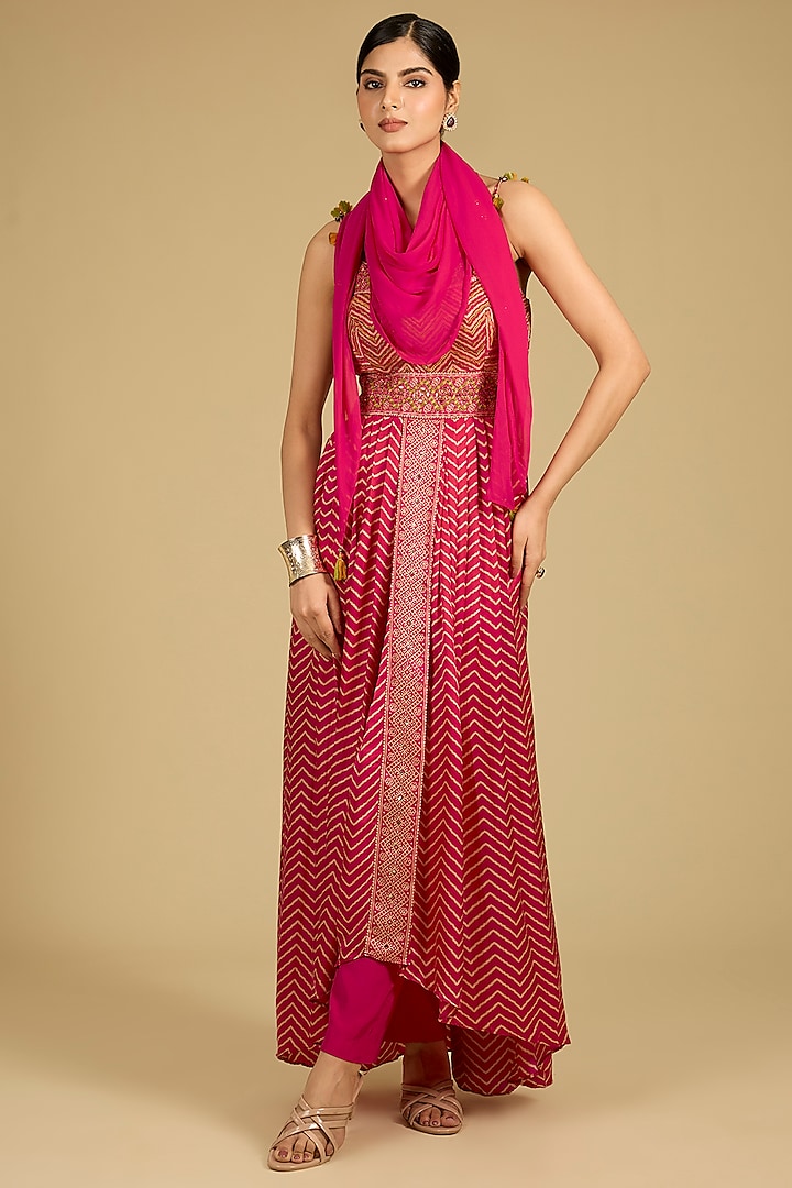 Fuchsia Mashru Silk Printed & Mirror Work Party Wear Anarkali Set by Baidehi at Pernia's Pop Up Shop
