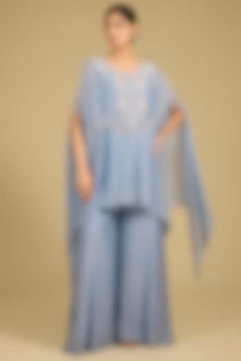 Cornflower Blue Silk Organza Zardosi Work Cape Set by Baidehi at Pernia's Pop Up Shop