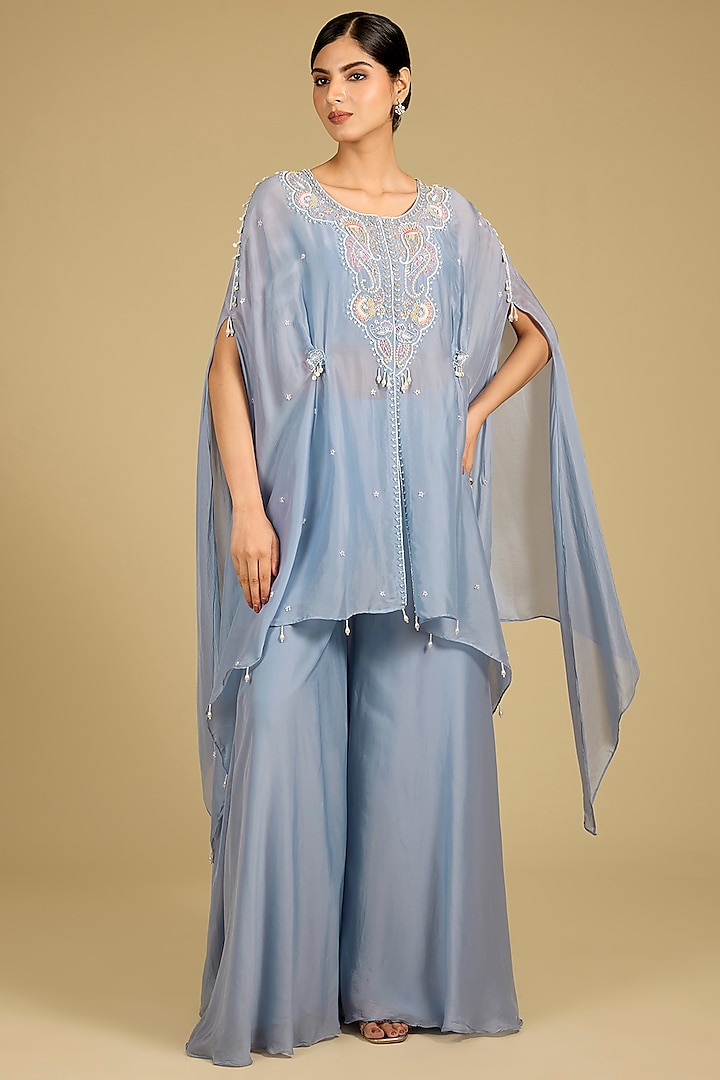 Cornflower Blue Silk Organza Zardosi Work Cape Set by Baidehi at Pernia's Pop Up Shop