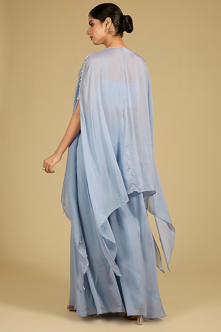 Cornflower Blue Silk Organza Zardosi Work Cape Set by Baidehi at Pernia's Pop Up Shop