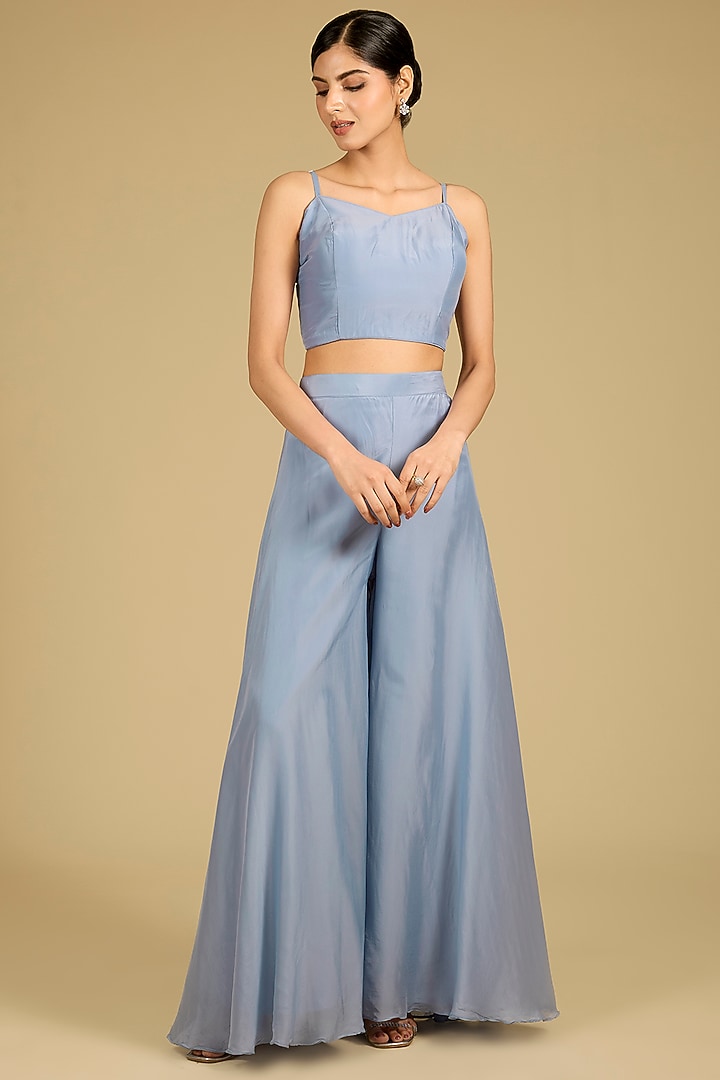 Cornflower Blue Silk Organza Zardosi Work Cape Set by Baidehi at Pernia's Pop Up Shop