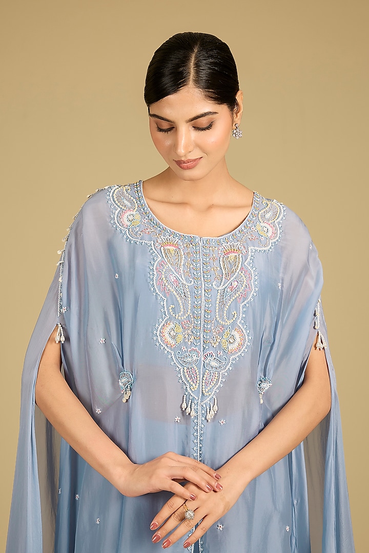 Cornflower Blue Silk Organza Zardosi Work Cape Set by Baidehi at Pernia's Pop Up Shop