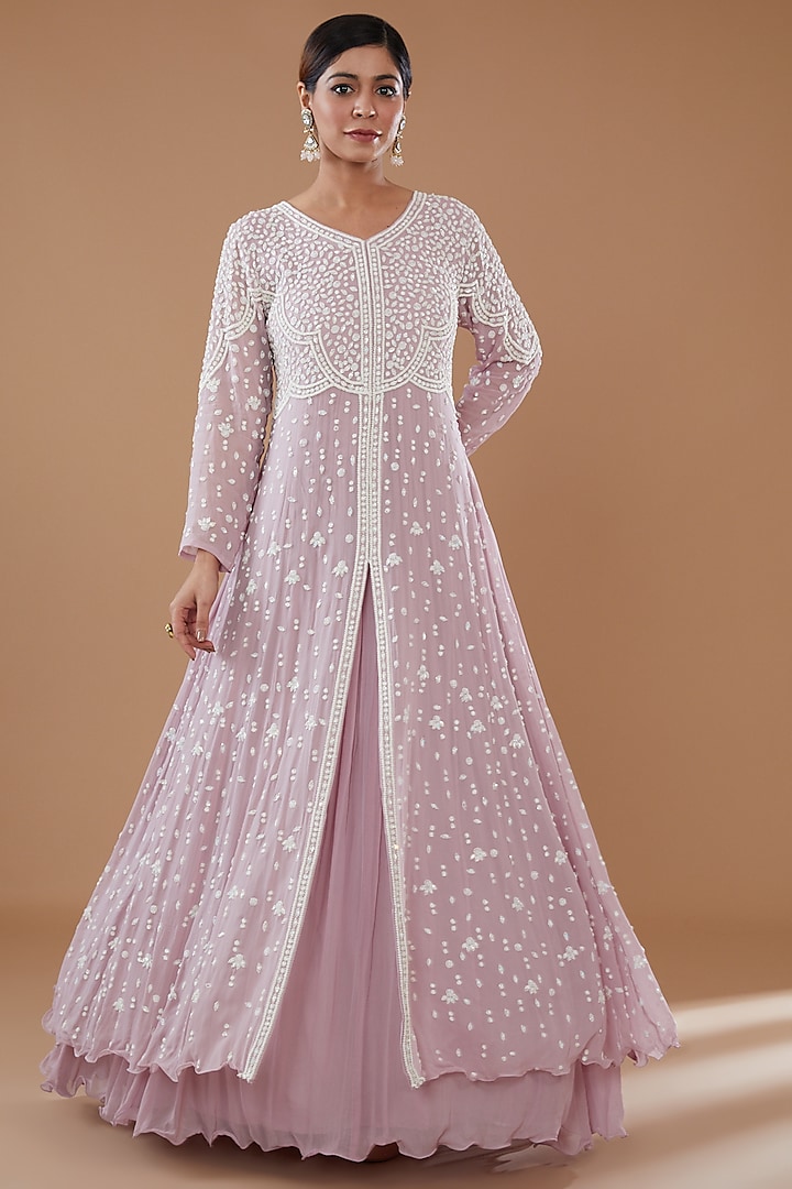 Lavender Georgette Embroidered Attached Gown by Baidehi