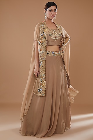 Brown Organza Embroidered Cape Set by Baidehi