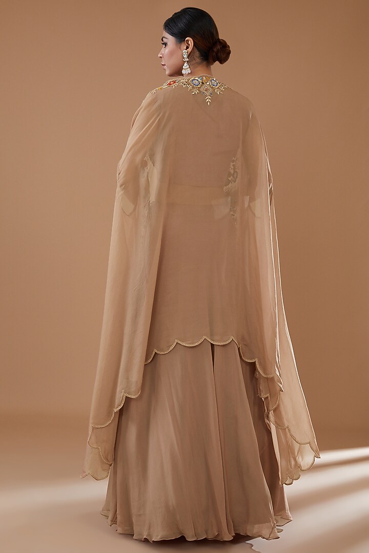 Brown Organza Embroidered Cape Set by Baidehi at Pernia's Pop Up Shop