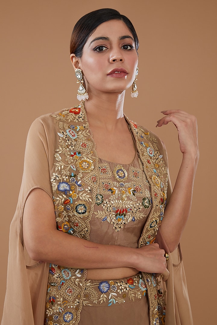 Brown Organza Embroidered Cape Set by Baidehi at Pernia's Pop Up Shop