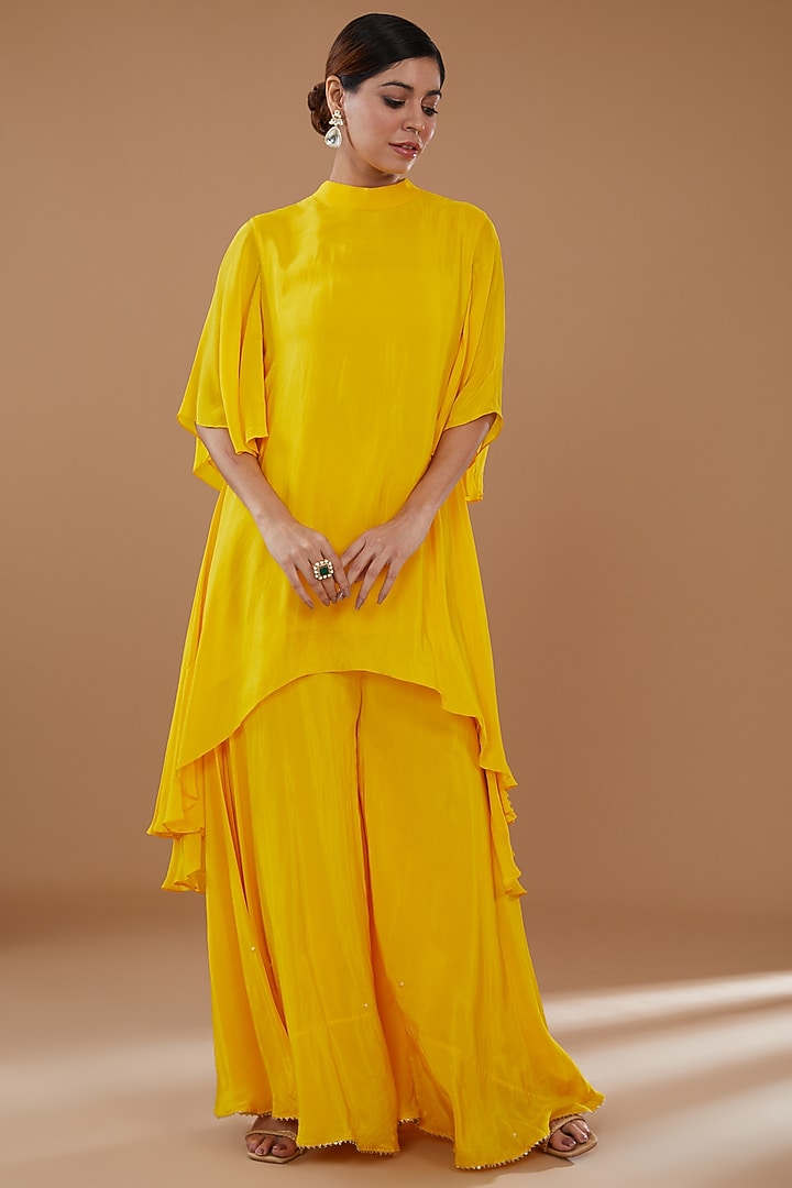 Yellow Silk & Crepe Wedding Sharara Set by Baidehi at Pernia's Pop Up Shop