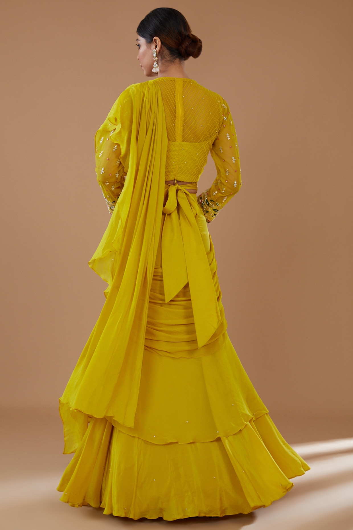 Party Wear Yellow Color Ruffled Pallu Lehenga Saree – Amrutamfab