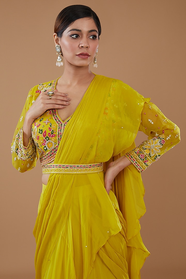 Mustard Crepe & Georgette Draped Wedding Lehenga Saree Set by Baidehi at Pernia's Pop Up Shop