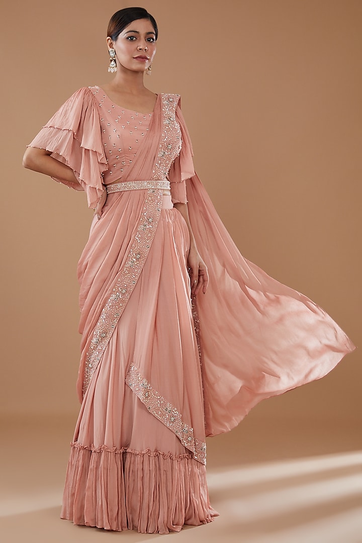 Peach Chinon Georgette Draped Lehenga Saree Set by Baidehi at Pernia's Pop Up Shop