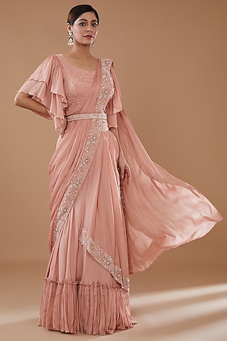 Peach Chinon Georgette Draped Lehenga Saree Set by Baidehi