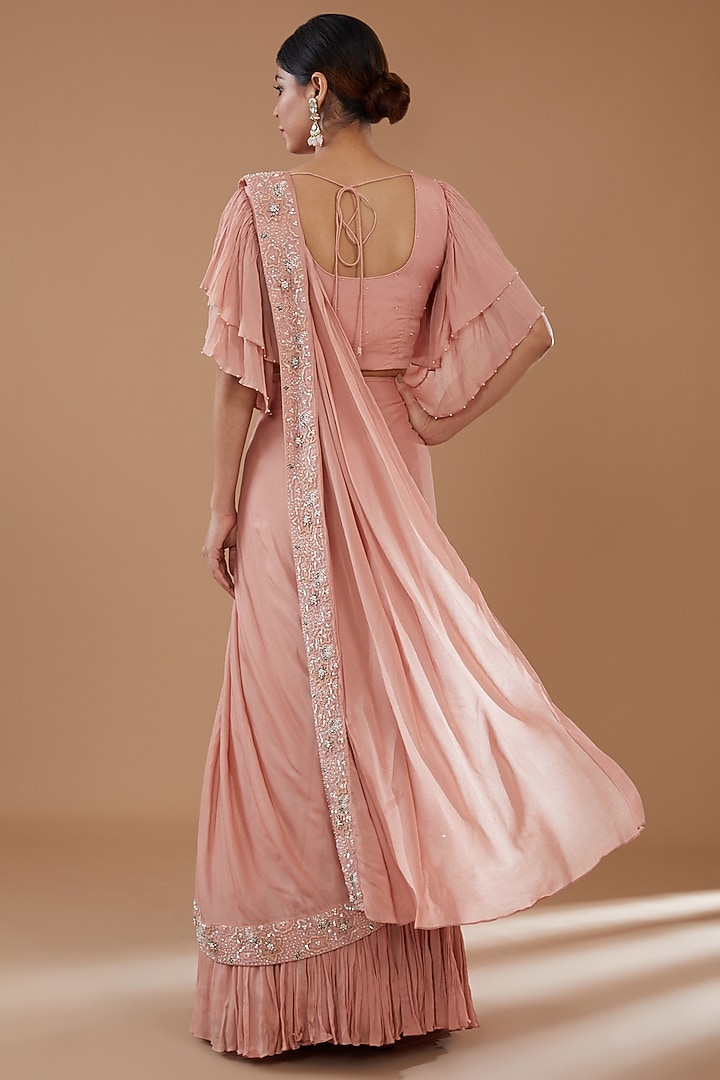 Peach Chinon Georgette Draped Wedding Lehenga Saree Set by Baidehi at Pernia's Pop Up Shop