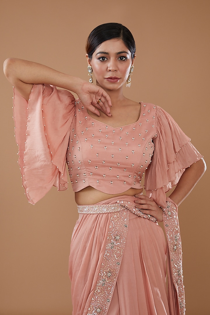 Peach Chinon Georgette Draped Wedding Lehenga Saree Set by Baidehi at Pernia's Pop Up Shop