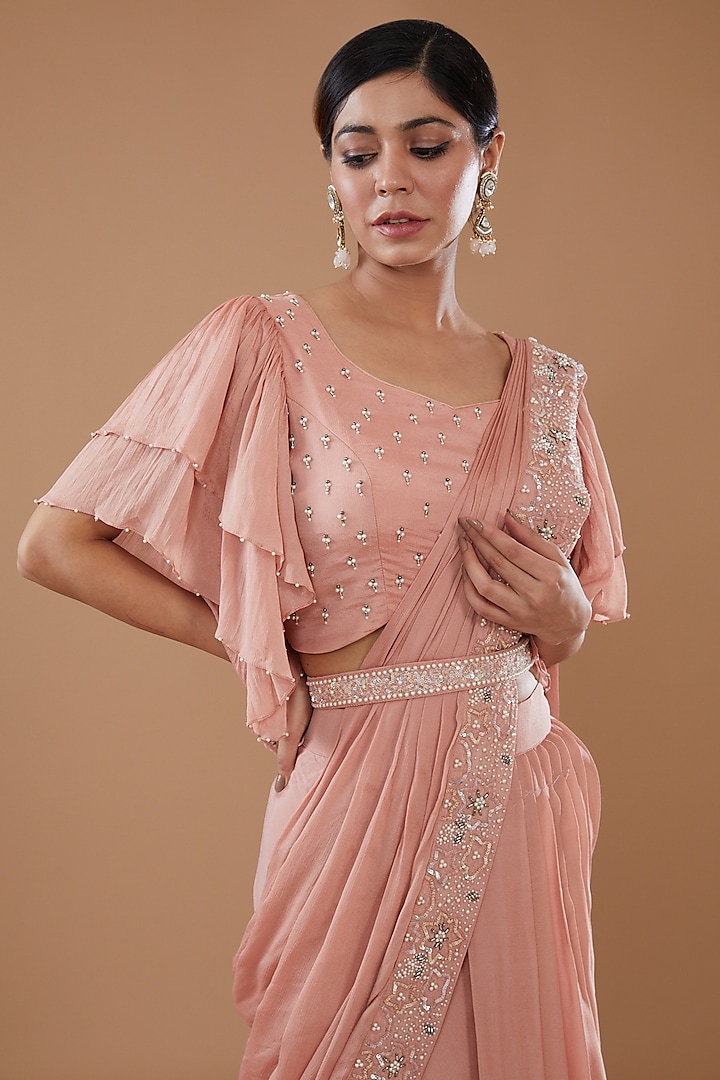 Peach Chinon Georgette Draped Wedding Lehenga Saree Set by Baidehi at Pernia's Pop Up Shop