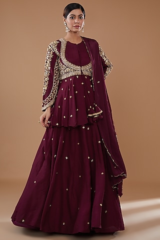 Wine Dupion Silk Skirt Set by Baidehi