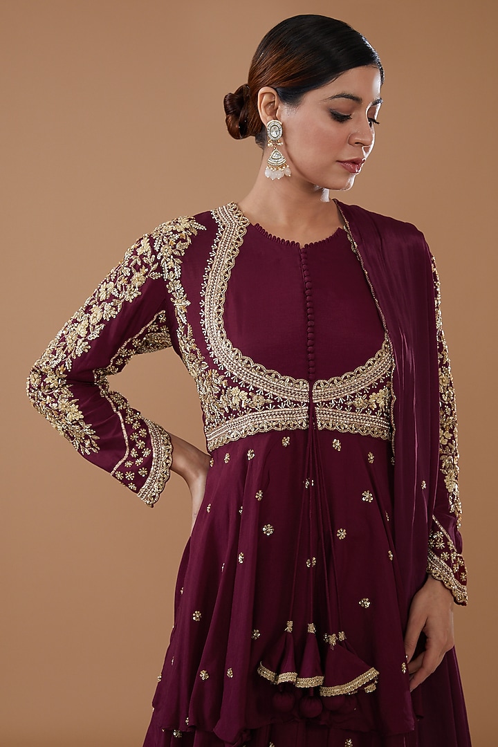 Wine Dupion Silk Skirt Set by Baidehi at Pernia's Pop Up Shop