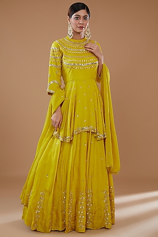 Mustard Dupion Silk Embroidered Skirt Set by Baidehi
