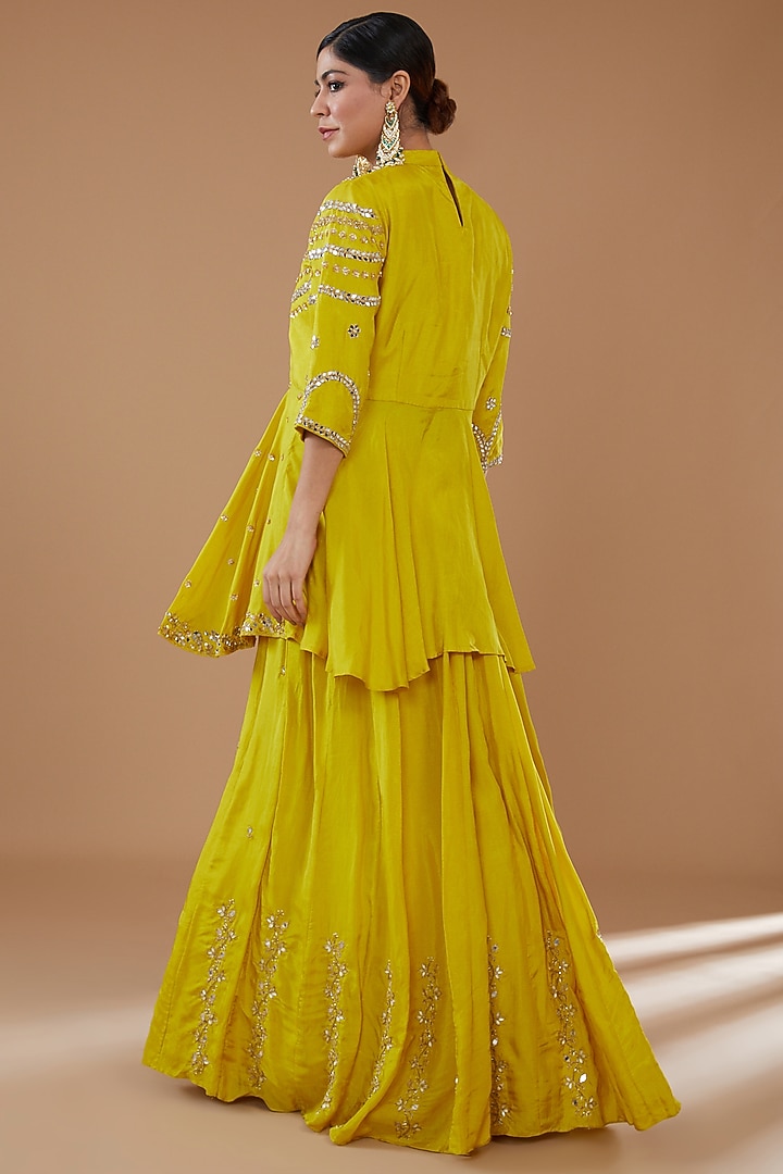 Mustard Dupion Silk Embroidered Skirt Set by Baidehi at Pernia's Pop Up Shop