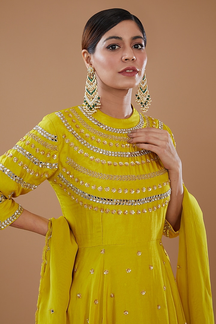 Mustard Dupion Silk Embroidered Skirt Set by Baidehi at Pernia's Pop Up Shop