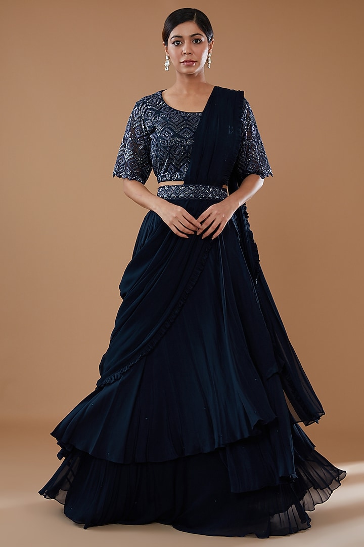 Blue Crepe & Georgette Draped Wedding Lehenga Saree Set by Baidehi at Pernia's Pop Up Shop