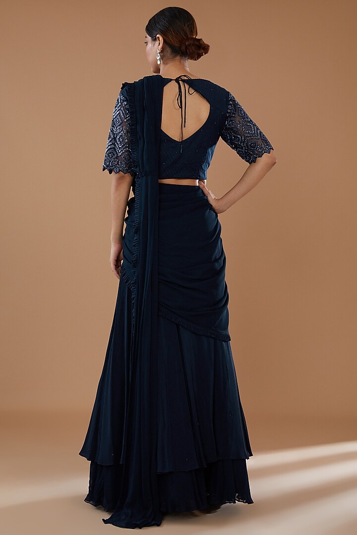 Blue Crepe & Georgette Draped Wedding Lehenga Saree Set by Baidehi at Pernia's Pop Up Shop