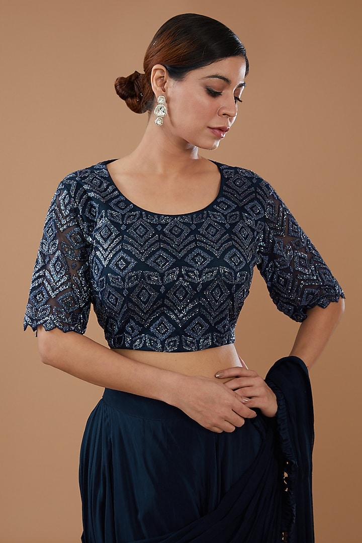 Blue Crepe & Georgette Draped Wedding Lehenga Saree Set by Baidehi at Pernia's Pop Up Shop