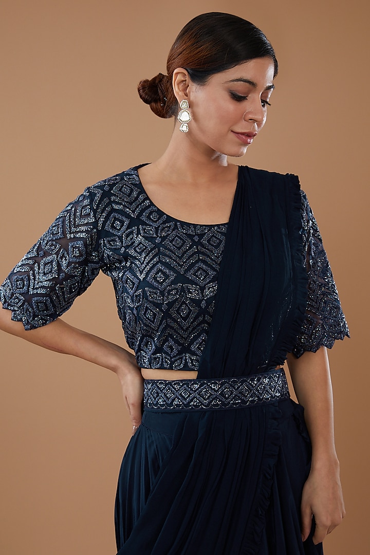 Blue Crepe & Georgette Draped Wedding Lehenga Saree Set by Baidehi at Pernia's Pop Up Shop