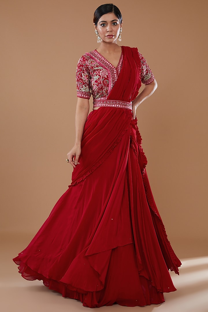 Red Crepe & Georgette Draped Lehenga Saree Set by Baidehi at Pernia's Pop Up Shop