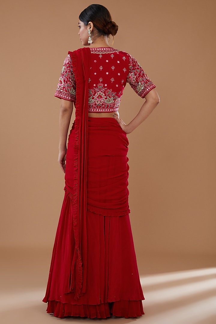 Red Crepe & Georgette Draped Wedding Lehenga Saree Set by Baidehi at Pernia's Pop Up Shop