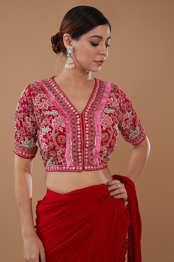 Red Crepe & Georgette Draped Wedding Lehenga Saree Set by Baidehi at Pernia's Pop Up Shop