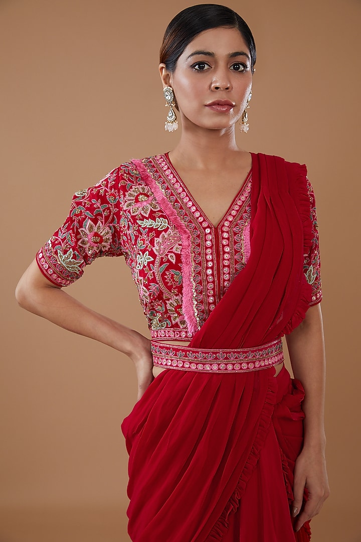Red Crepe & Georgette Draped Wedding Lehenga Saree Set by Baidehi at Pernia's Pop Up Shop