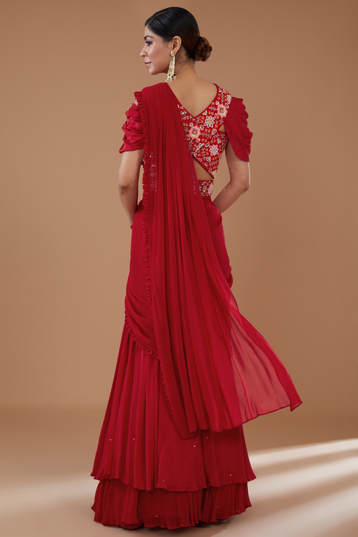 Royal Look Ruffle Style Red Georgette Lehenga Saree With Belt – Kaleendi