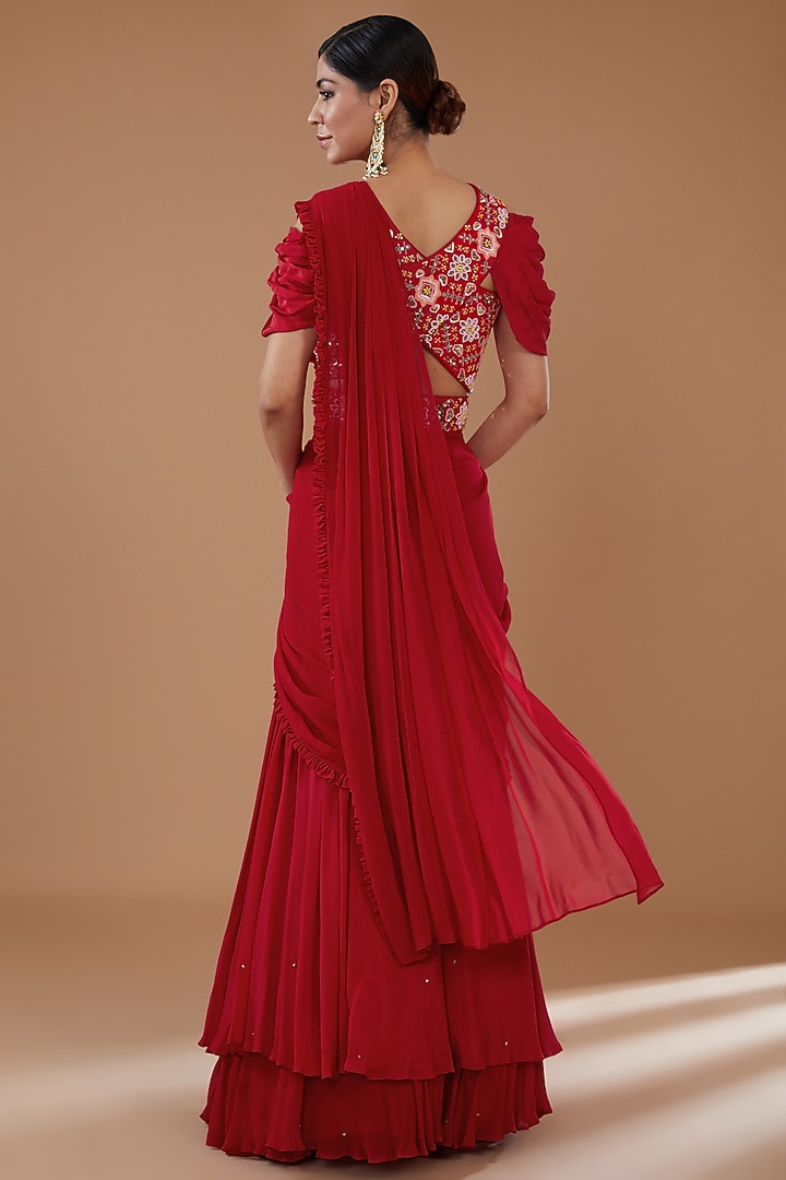 Red Crepe & Georgette Draped Wedding Lehenga Saree Set by Baidehi at Pernia's Pop Up Shop