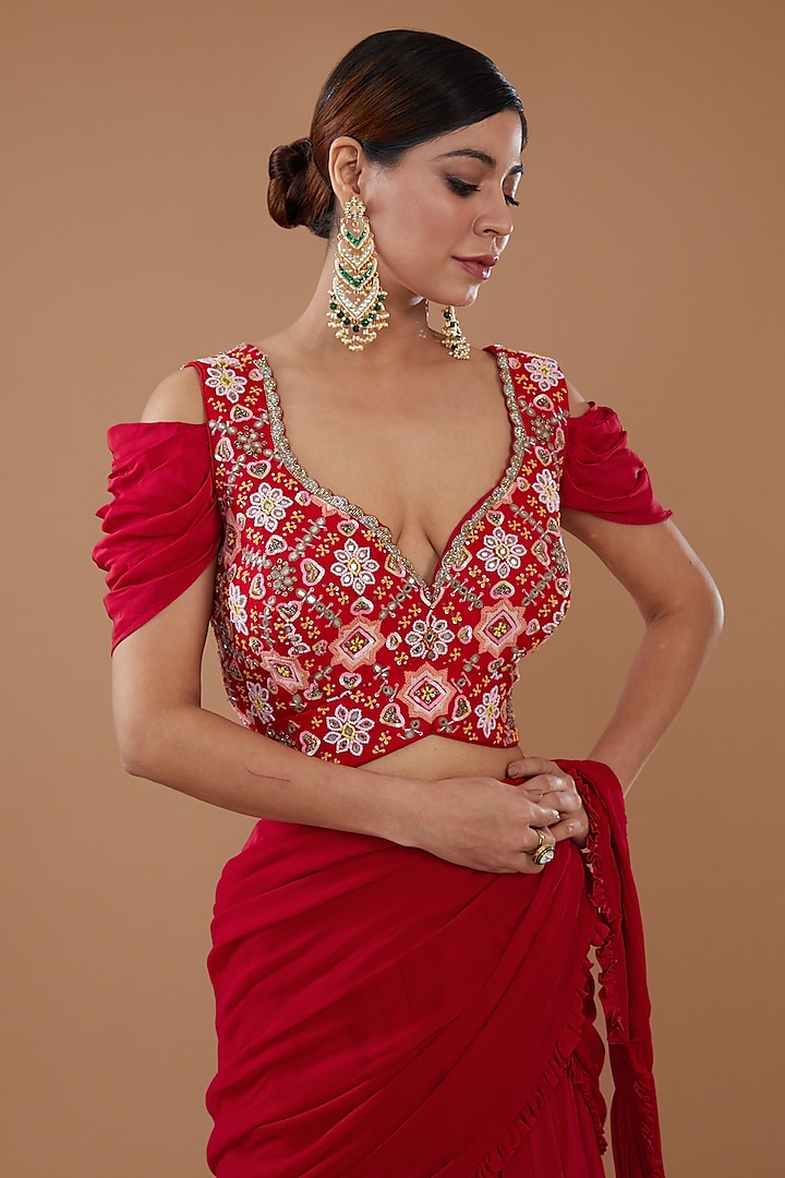 Red Crepe & Georgette Draped Wedding Lehenga Saree Set by Baidehi at Pernia's Pop Up Shop