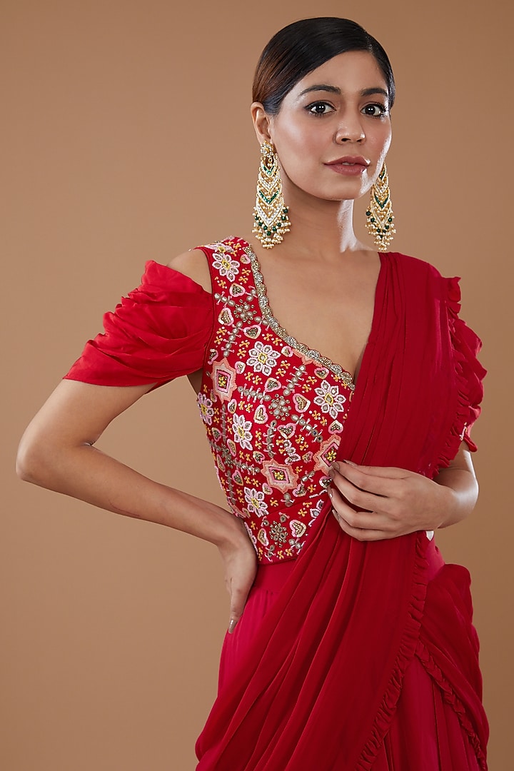 Red Crepe & Georgette Draped Wedding Lehenga Saree Set by Baidehi at Pernia's Pop Up Shop