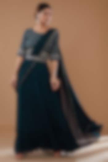 Teal Blue Georgette & Bemberg Silk Gown by Baidehi