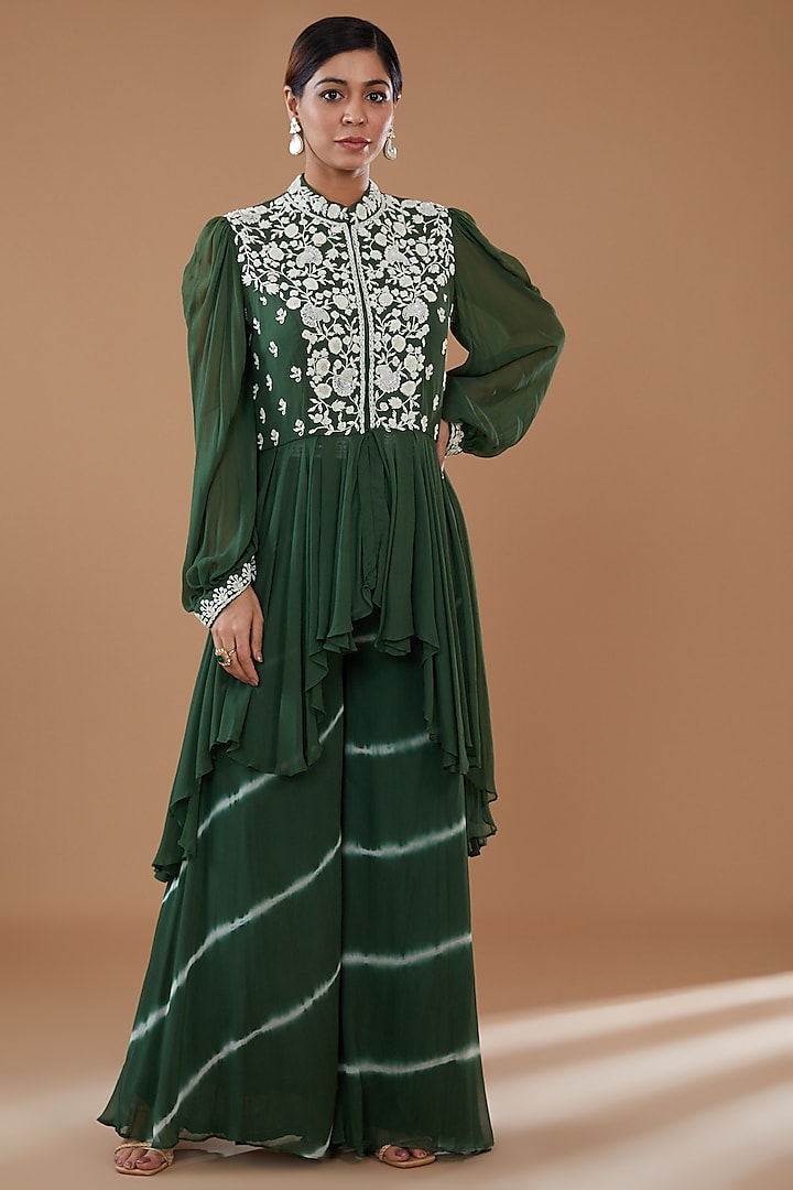 Green Georgette Tie-Dye Party Wear Sharara Set by Baidehi at Pernia's Pop Up Shop