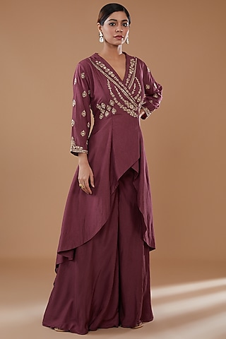 Rust Bemberg Silk Embroidered Tunic Set by Baidehi