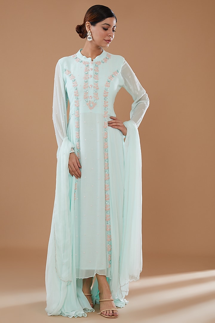 Ice Blue Georgette Embroidered Anarkali Set by Baidehi