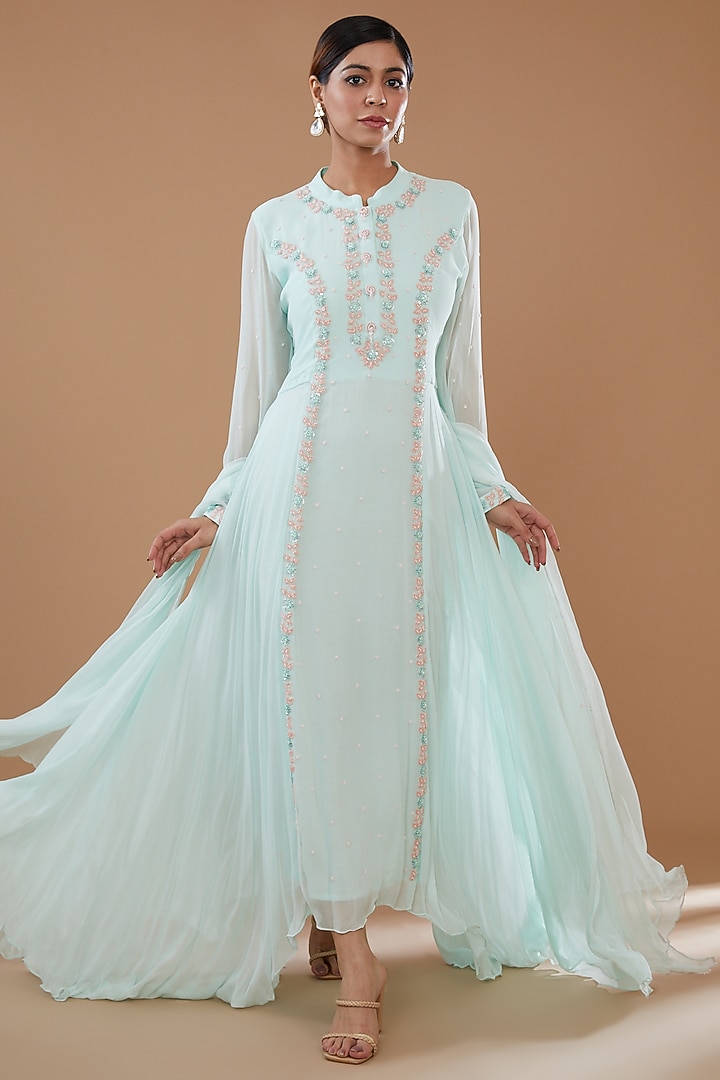 Ice Blue Georgette Embroidered Party Wear Anarkali Set by Baidehi at Pernia's Pop Up Shop