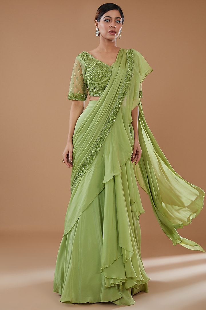 Green Georgette & Crepe Wedding Lehenga Saree Set by Baidehi at Pernia's Pop Up Shop